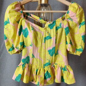 Milk & Honey Floral Sweetheart Top XS | Yellow Cottagecore Blouse